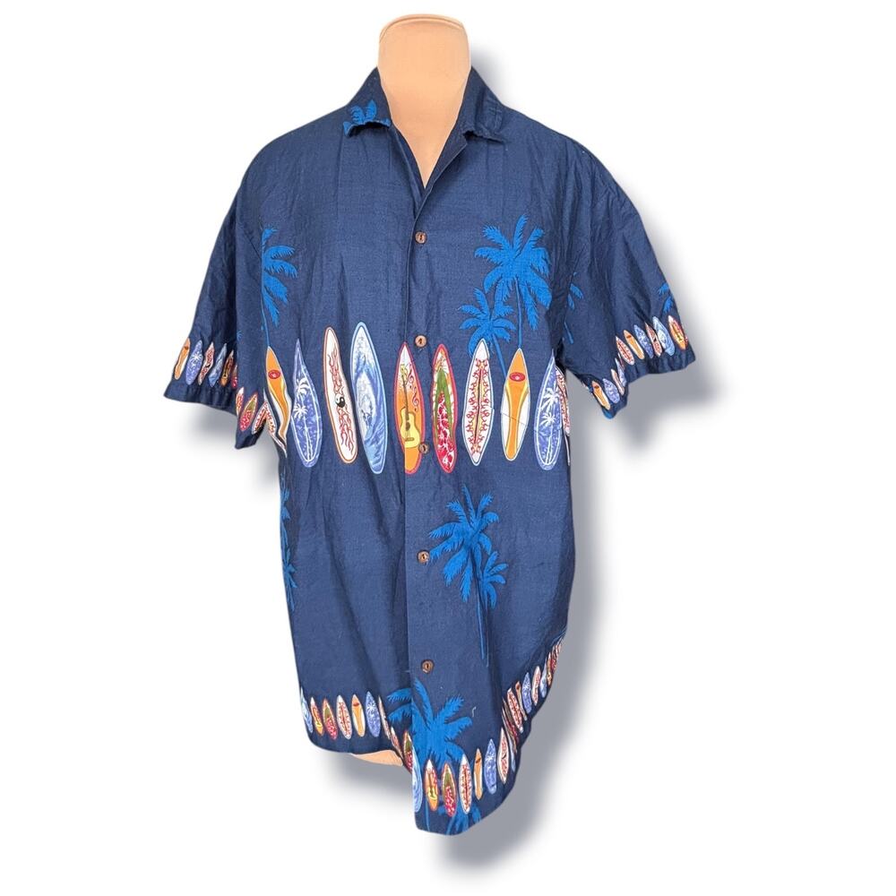 Vintage Blue Cotton Surfboard Hawaiian Aloha Camp Shirt Tropical Beach Vacation